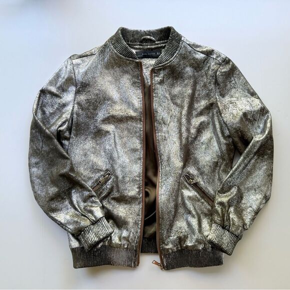 Zara Woman Silver Foiled Metallic Bomber Jacket Size S - Picture 11 of 16